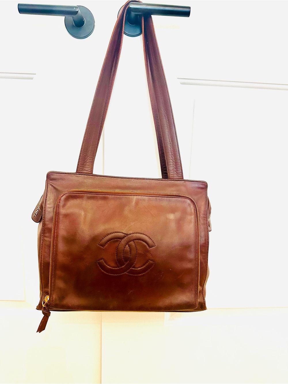 CHANEL Brown Leather CC Embossed Shoulder Tote